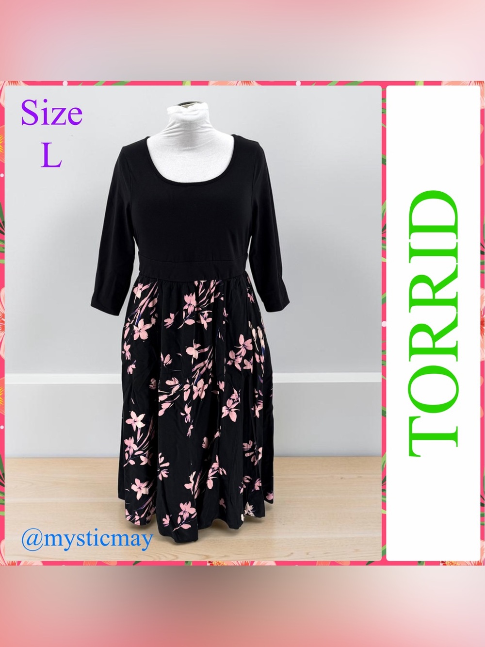 TORRID Black w Pink Floral Mixed Media Knit 2fer Midi Dress Size L or 12